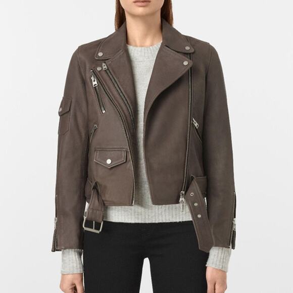AllSaints Harland Leather Jacket Grey Biker Moto Women's Sz 0 US